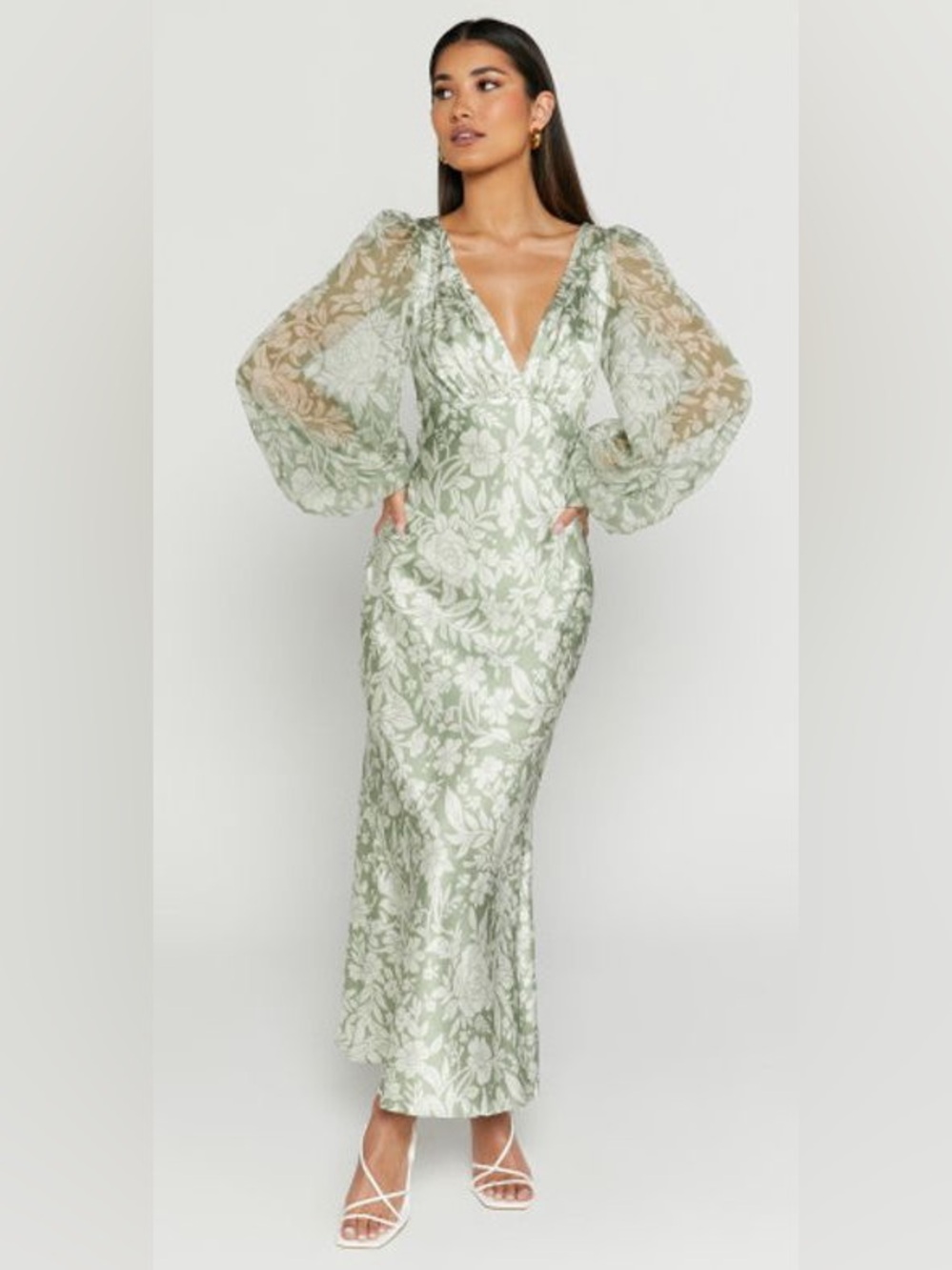 SHOWPO Freollyn Deep V Neck Floral Sheer Sleeve Maxi Dress in Sage Size 10 NWT - Picture 6 of 14